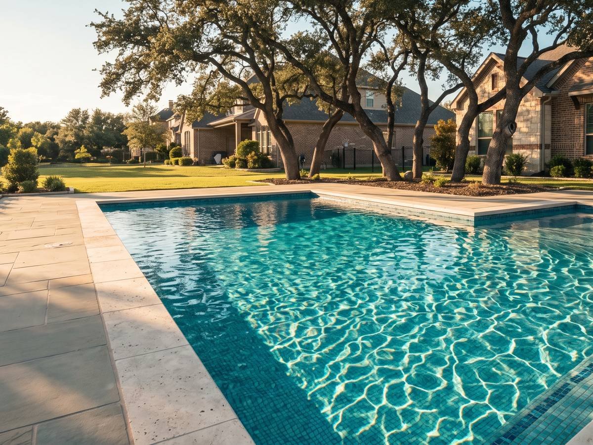 Clean residential pool and stone patio in a Texas backyard